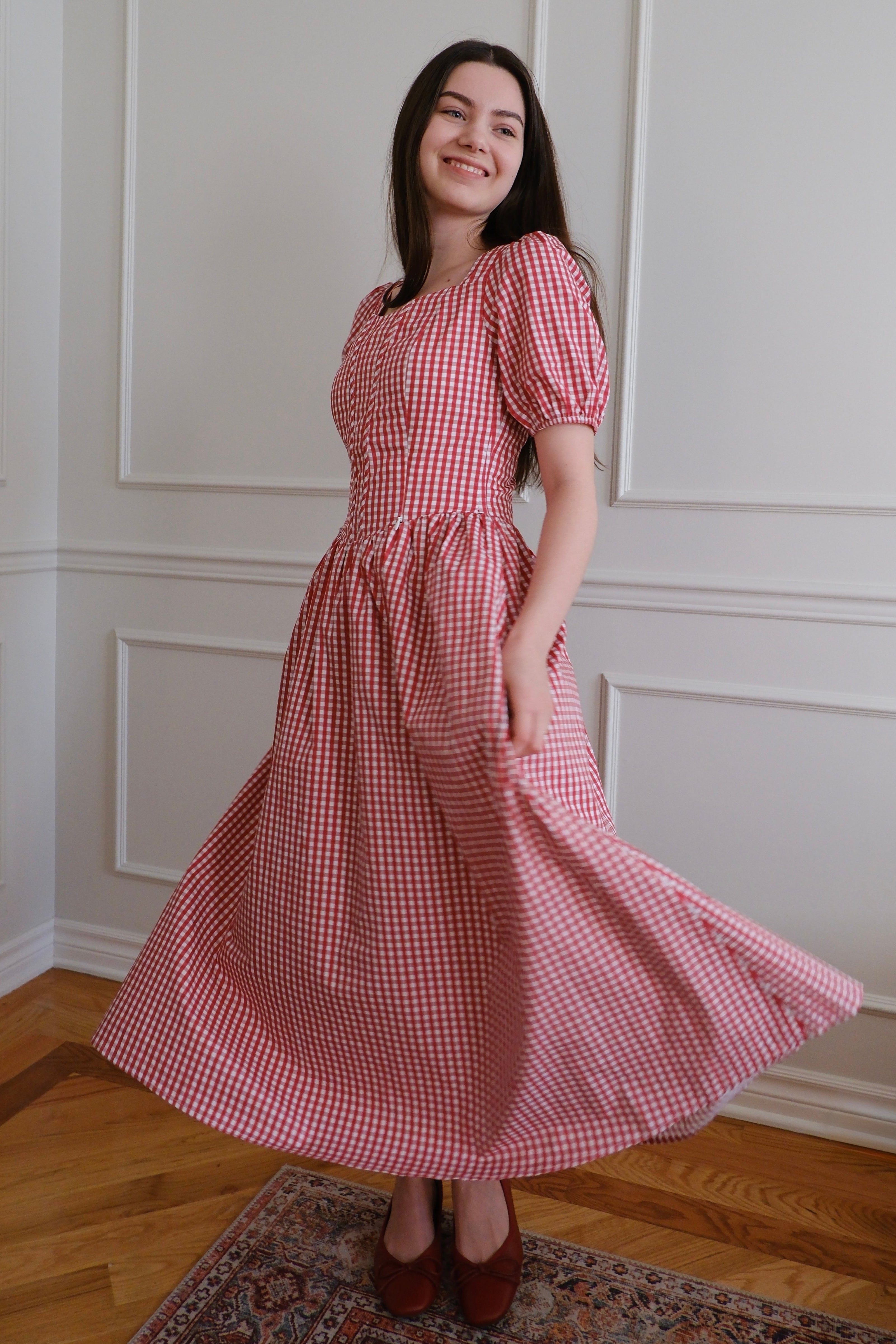 PREORDER Espinela Dress in Cherry Gingham | Ribbed Red Midi-Dress