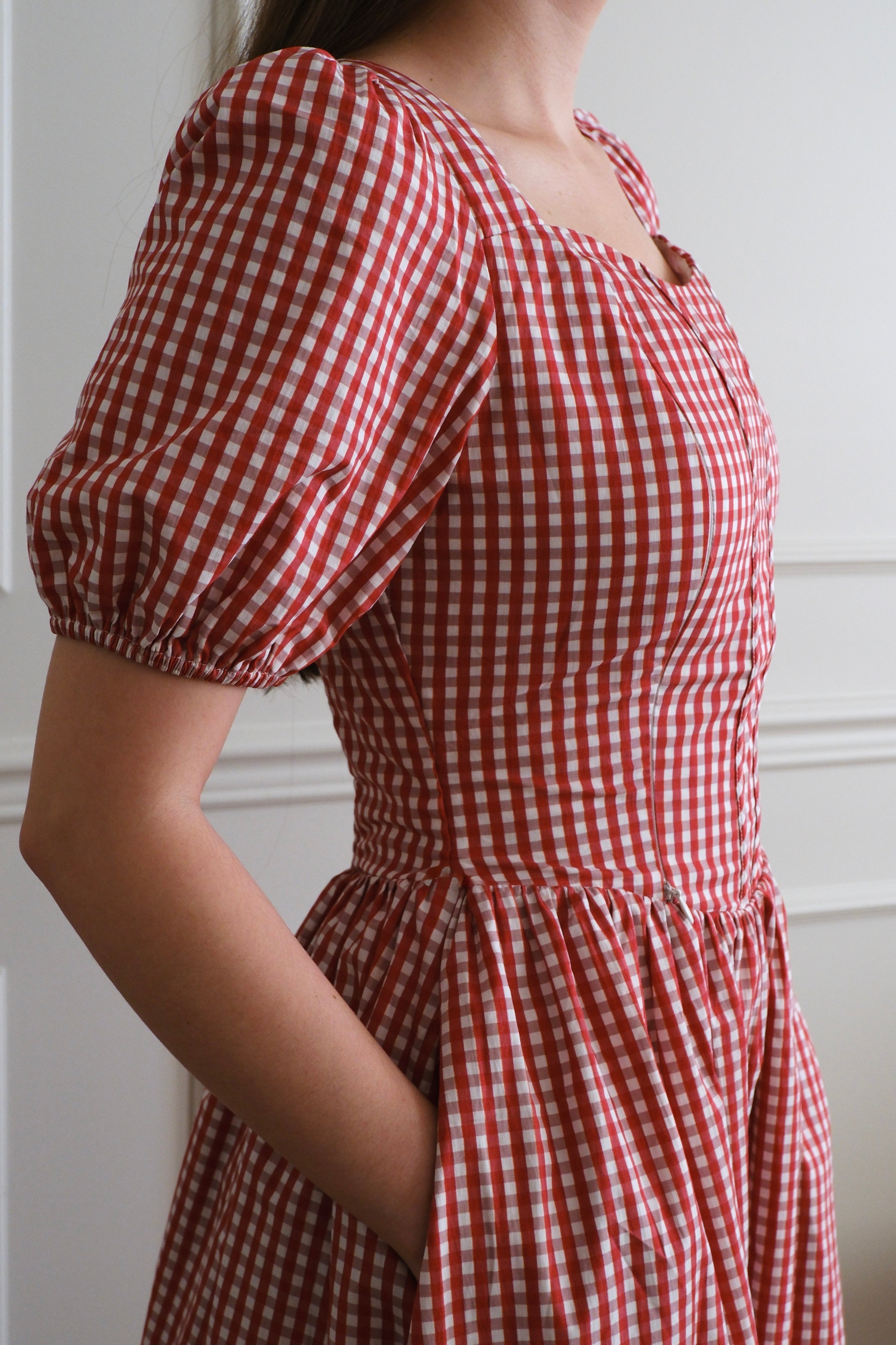 PREORDER Espinela Dress in Cherry Gingham | Ribbed Red Midi-Dress