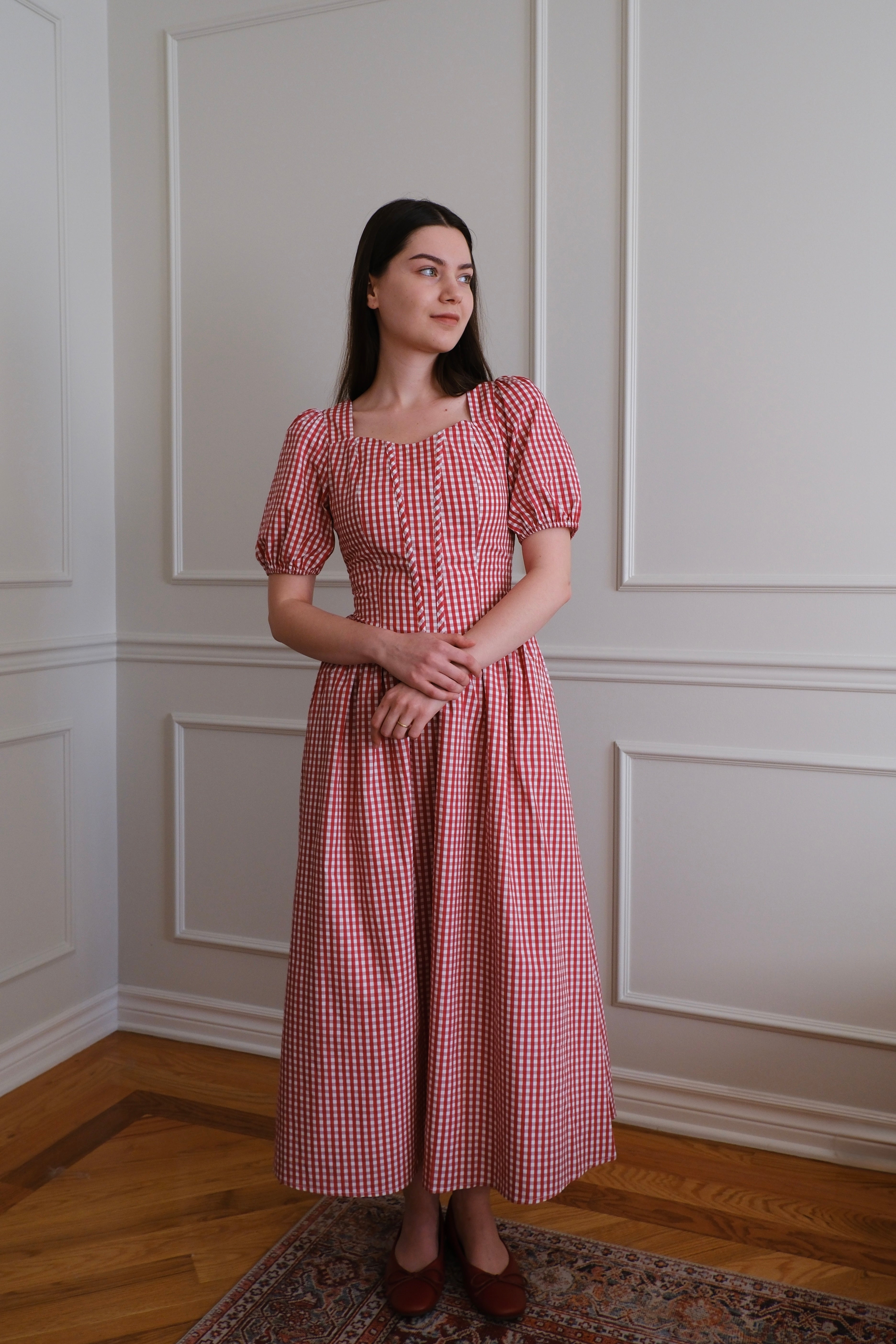 PREORDER Espinela Dress in Cherry Gingham | Ribbed Red Midi-Dress