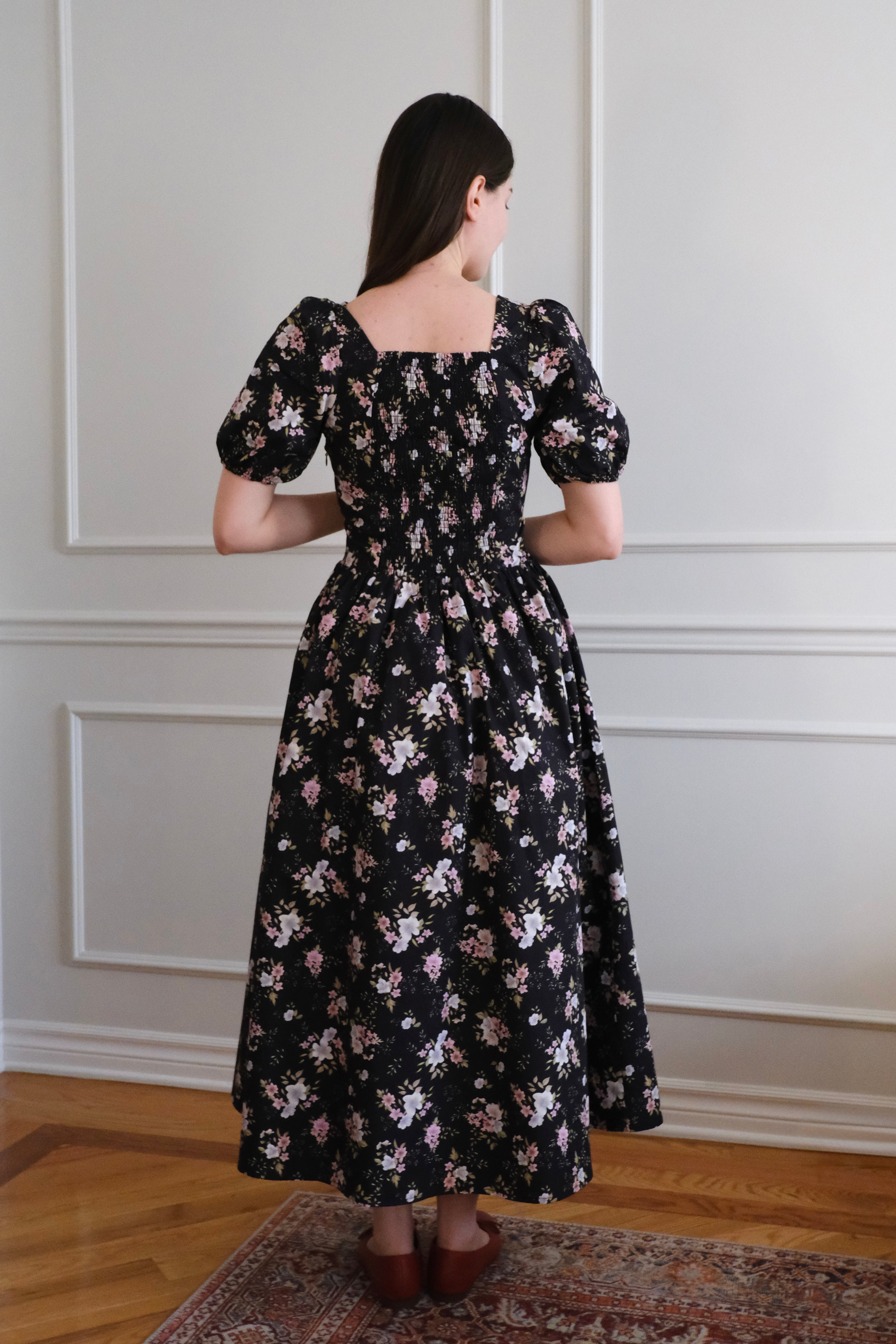 PREORDER Espinela Dress in Floral Noir | Ribbed Black Floral Midi-Dress