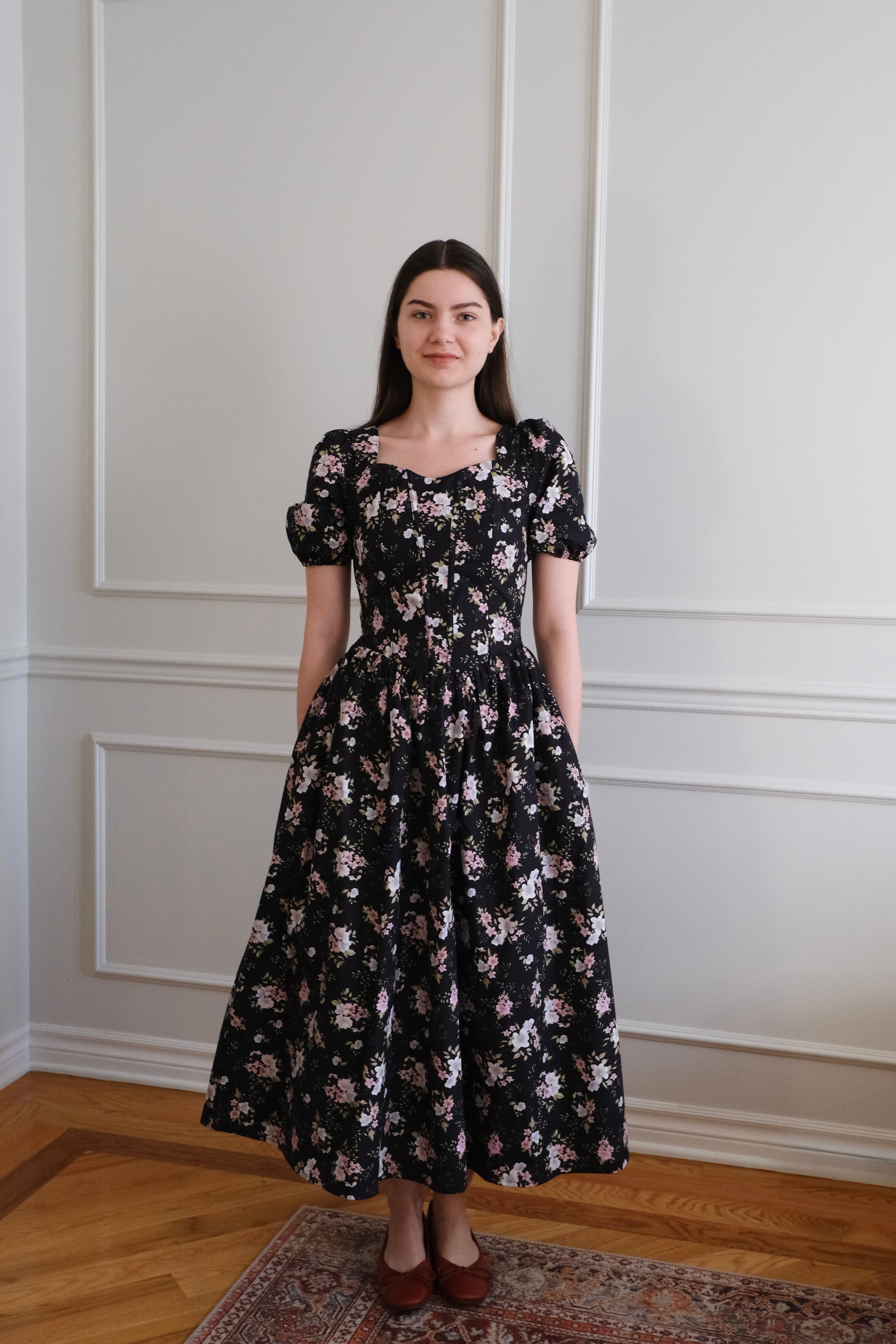 PREORDER Espinela Dress in Floral Noir | Ribbed Black Floral Midi-Dress