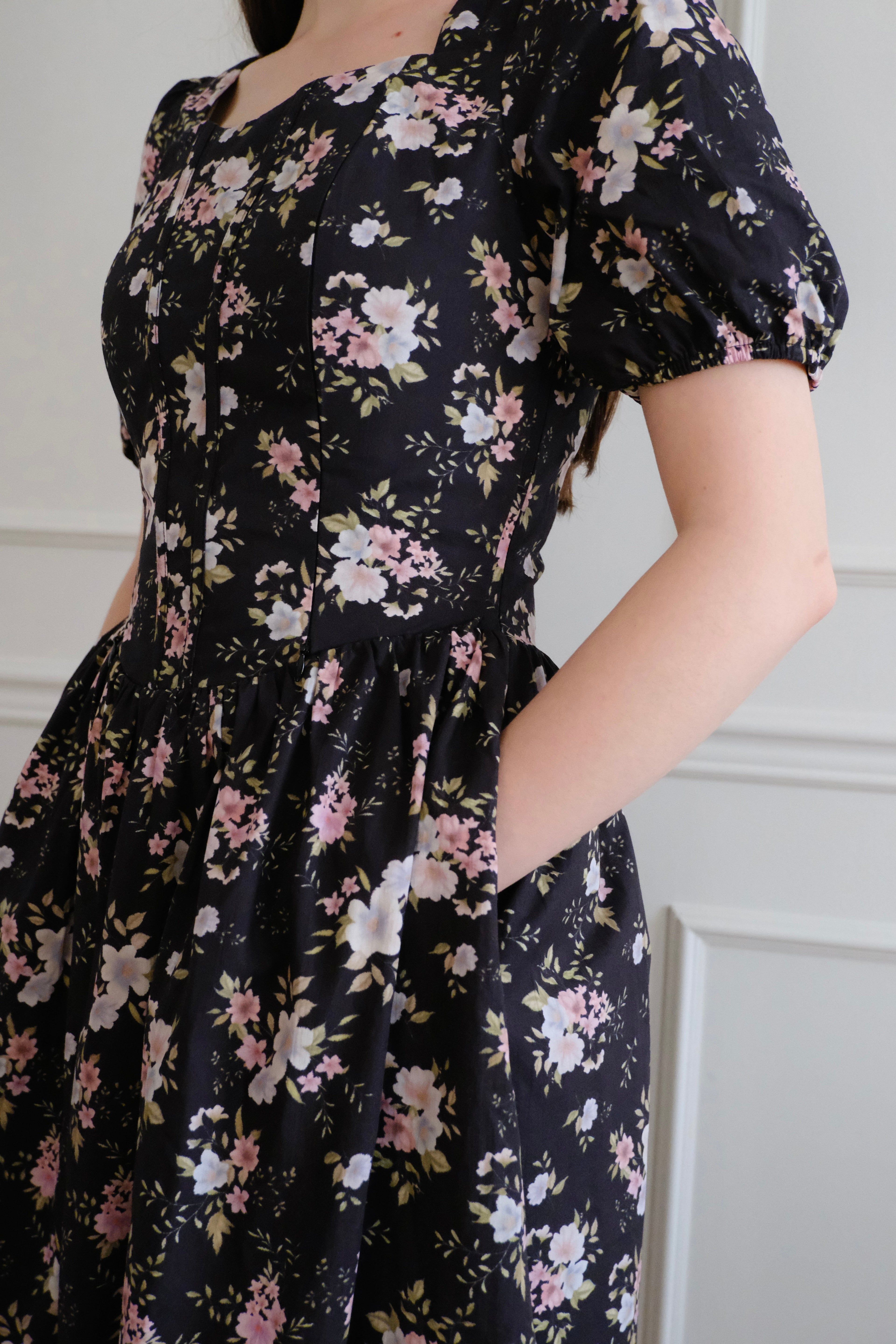 PREORDER Espinela Dress in Floral Noir | Ribbed Black Floral Midi-Dress