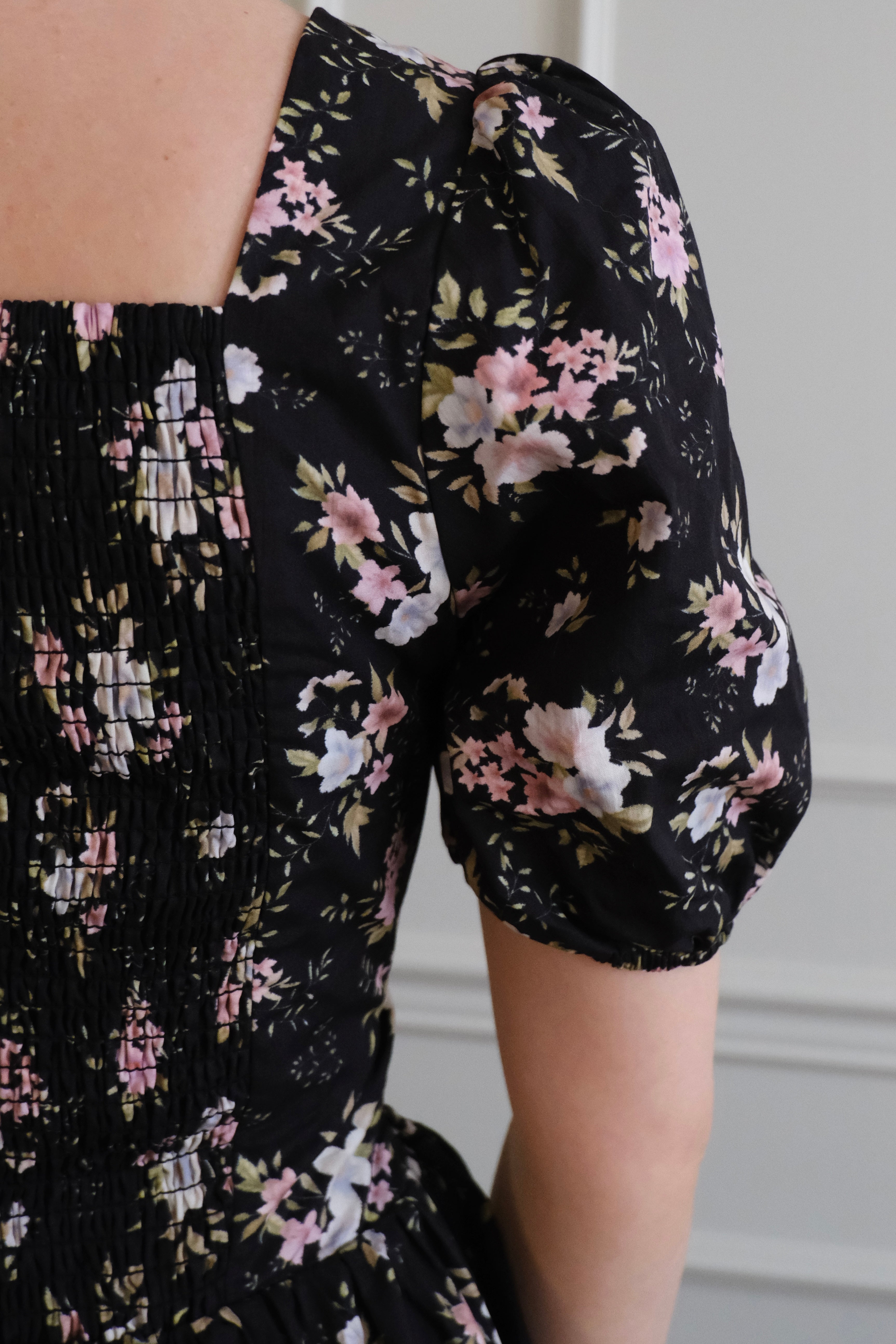 PREORDER Espinela Dress in Floral Noir | Ribbed Black Floral Midi-Dress