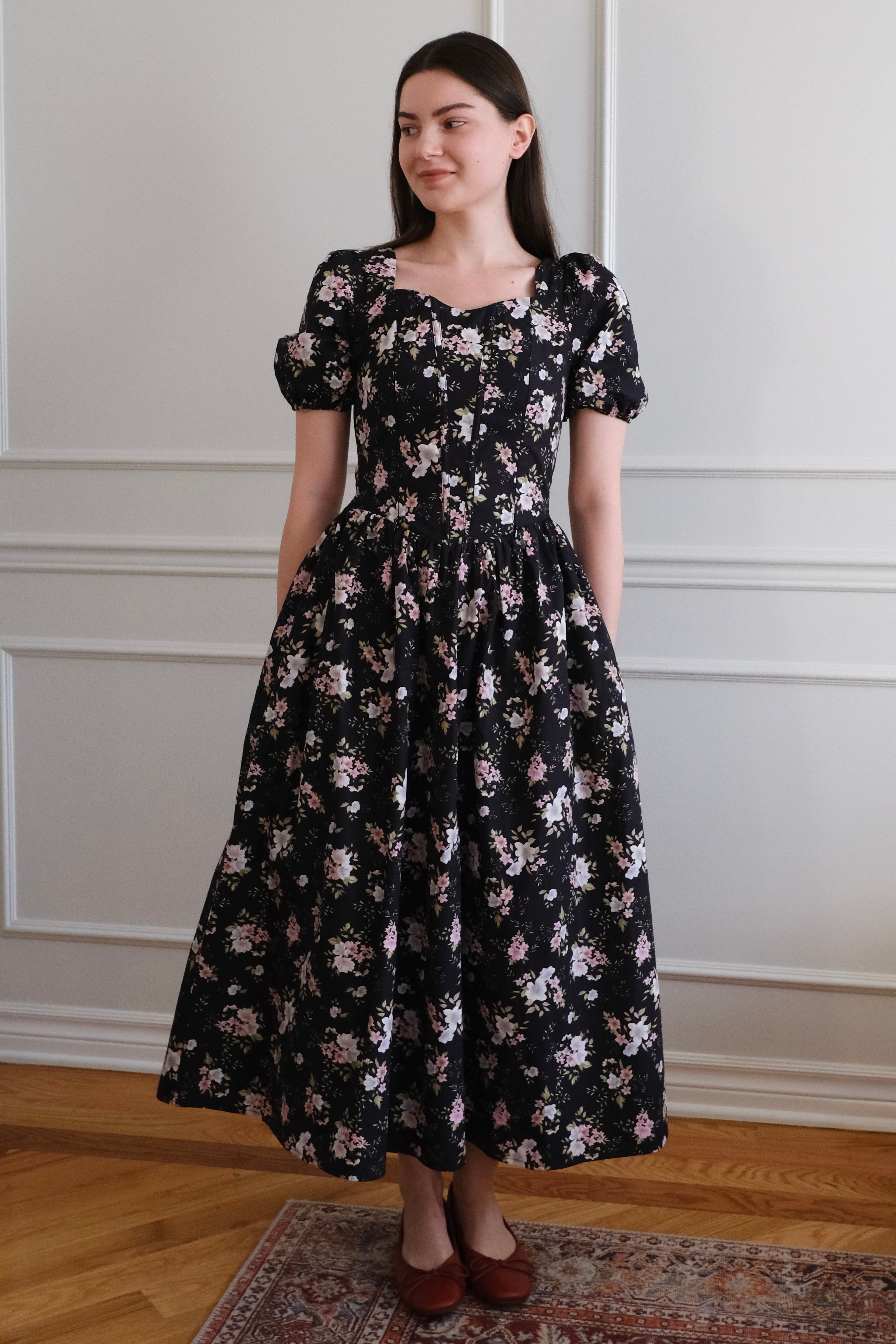 PREORDER Espinela Dress in Floral Noir | Ribbed Black Floral Midi-Dress